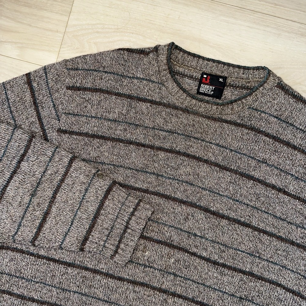Vintage Robert‎ Bruce Sweater Adult XL Gray Striped Knit Wool Blend 90s USA Soft